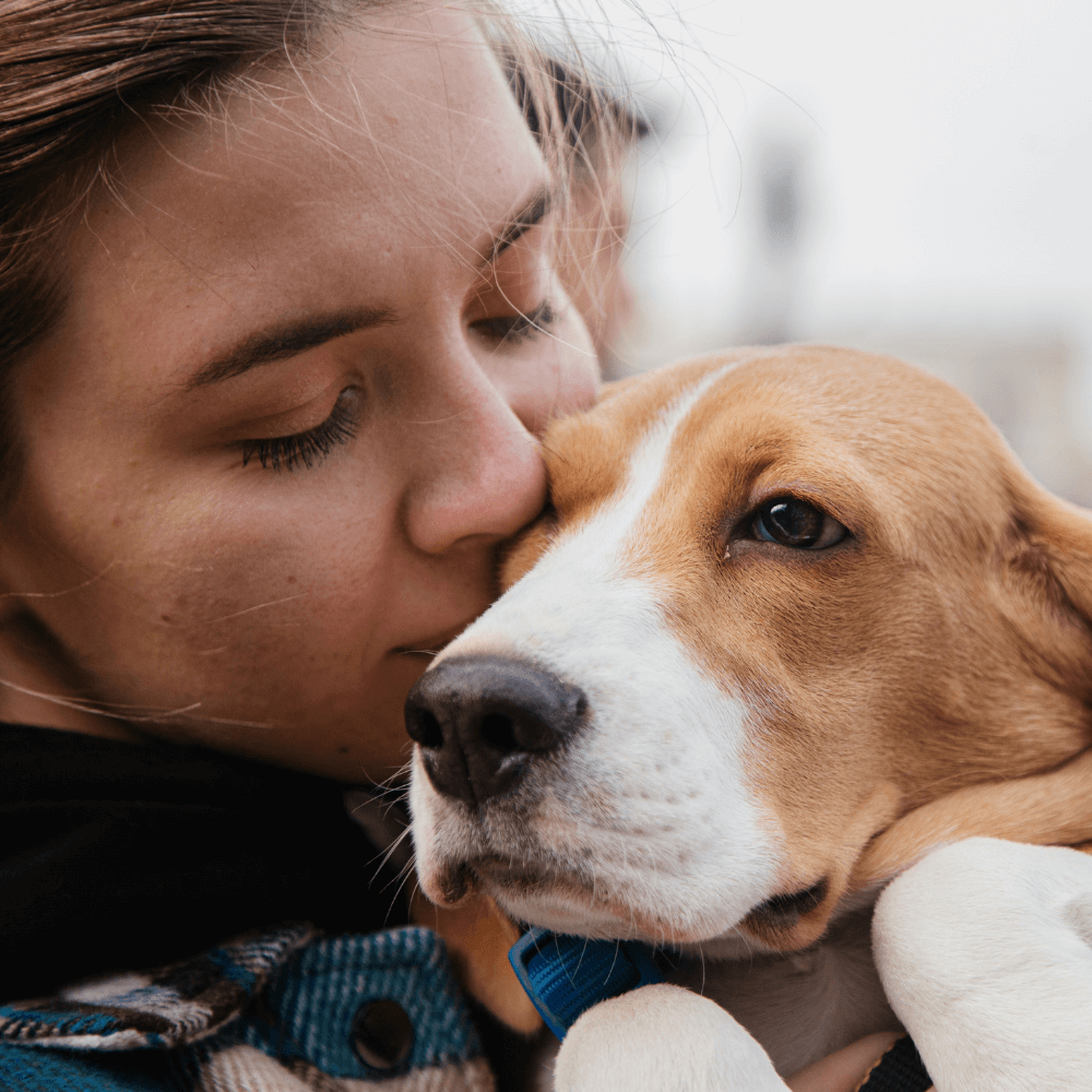 A person holding a dog